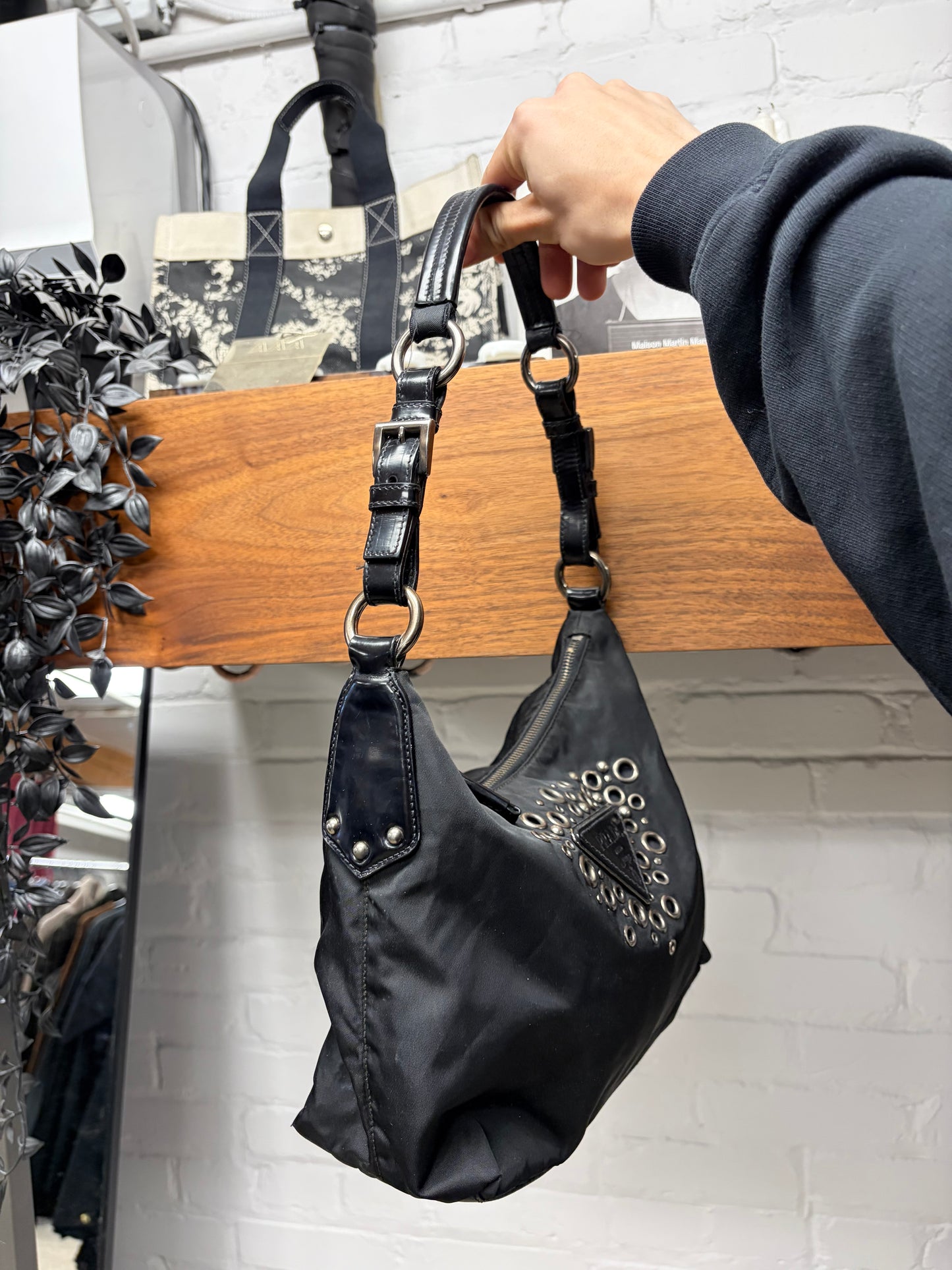 Prada Black Nylon Vela ‘Grommet Detail’ Hobo Shoulder Bag