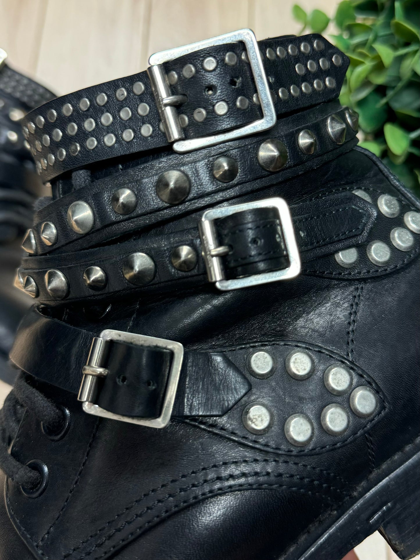 Saint Laurent Ranger Studded Black Leather Combat Ankle Boots