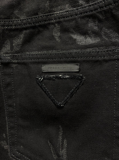 Prada Waxed Black Coated Skinny Jeans with Saffiano Patch Logo