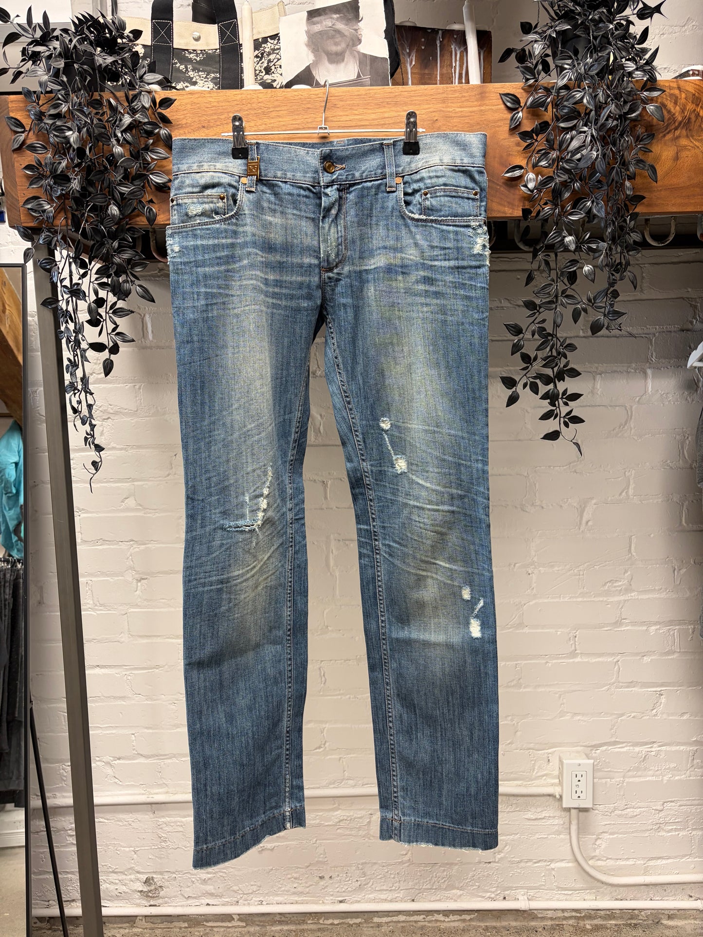 Dolce & Gabbana Mainline ‘Zebra’ Pony Hair Patch D&G Logo Washed Blue Jeans