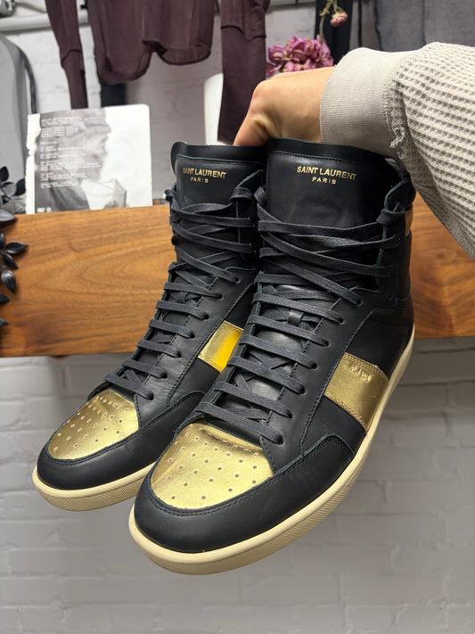 Saint Laurent 'SL/10H' Black/Gold Leather Court High Top Sneakers
