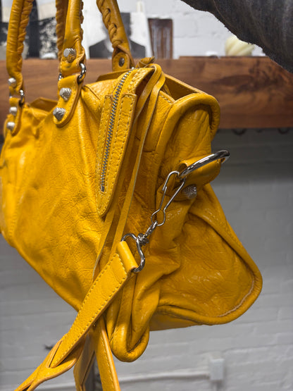 Balenciaga Yellow Lambskin Leather ‘City Bag’ with Silver Hardware and Crossbody Strap