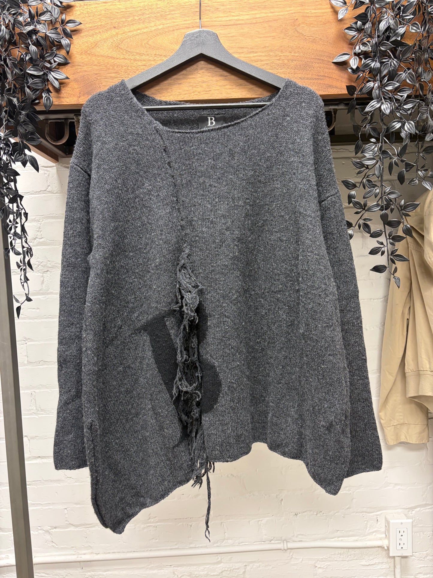 Yohji Yamamoto Grey Wool ‘B’ Knit Sweater with Frayed Distressing