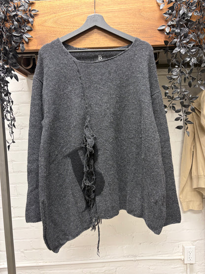 Yohji Yamamoto Grey Wool ‘B’ Knit Sweater with Frayed Distressing
