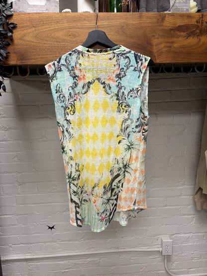 SS2013 Balmain Baroque Full Print Semi Sheer Tank Top with Metal Button Shoulder Detail