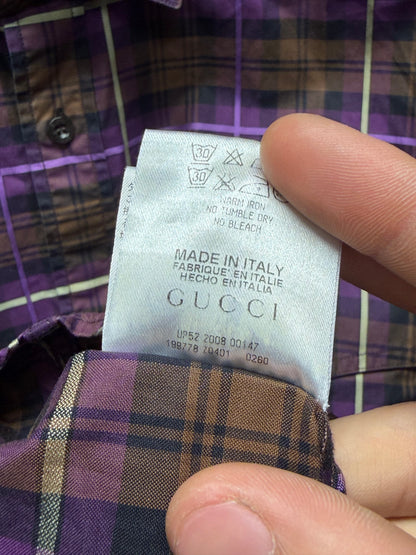 2000s Gucci by Frida Giannini Orange/Purple Plaid Button Up Shirt with Shoulder Epaulets