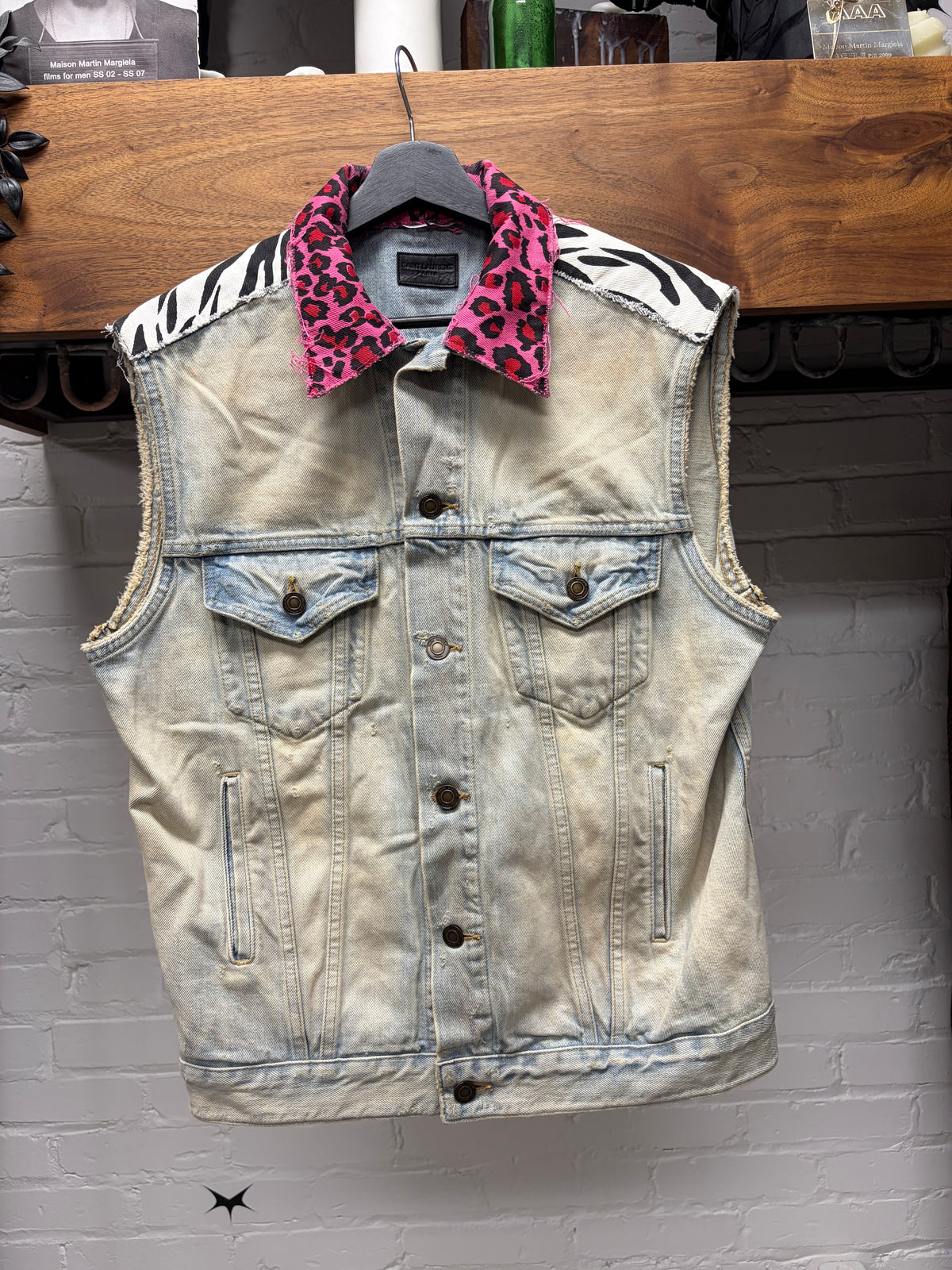 SS2016 Saint Laurent by Hedi Slimane ‘Surf Sound’ Leopard/Zebra Print Reworked Punk Denim Cutoff Sleeve Vest