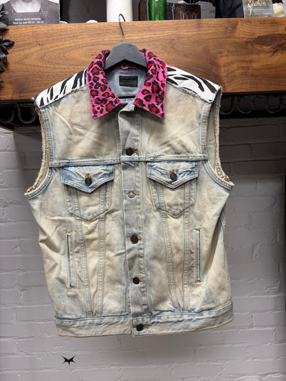 SS2016 Saint Laurent by Hedi Slimane ‘Surf Sound’ Leopard/Zebra Print Reworked Punk Denim Cutoff Sleeve Vest