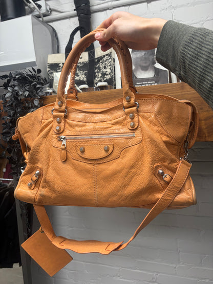 Balenciaga Papaya Orange  Lambskin Leather ‘City Bag’ with Crossbody Strap