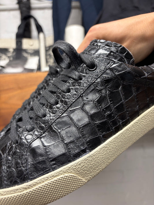 Saint Laurent Black ‘Crocodile’ Embossed Leather Low Top Sneakers