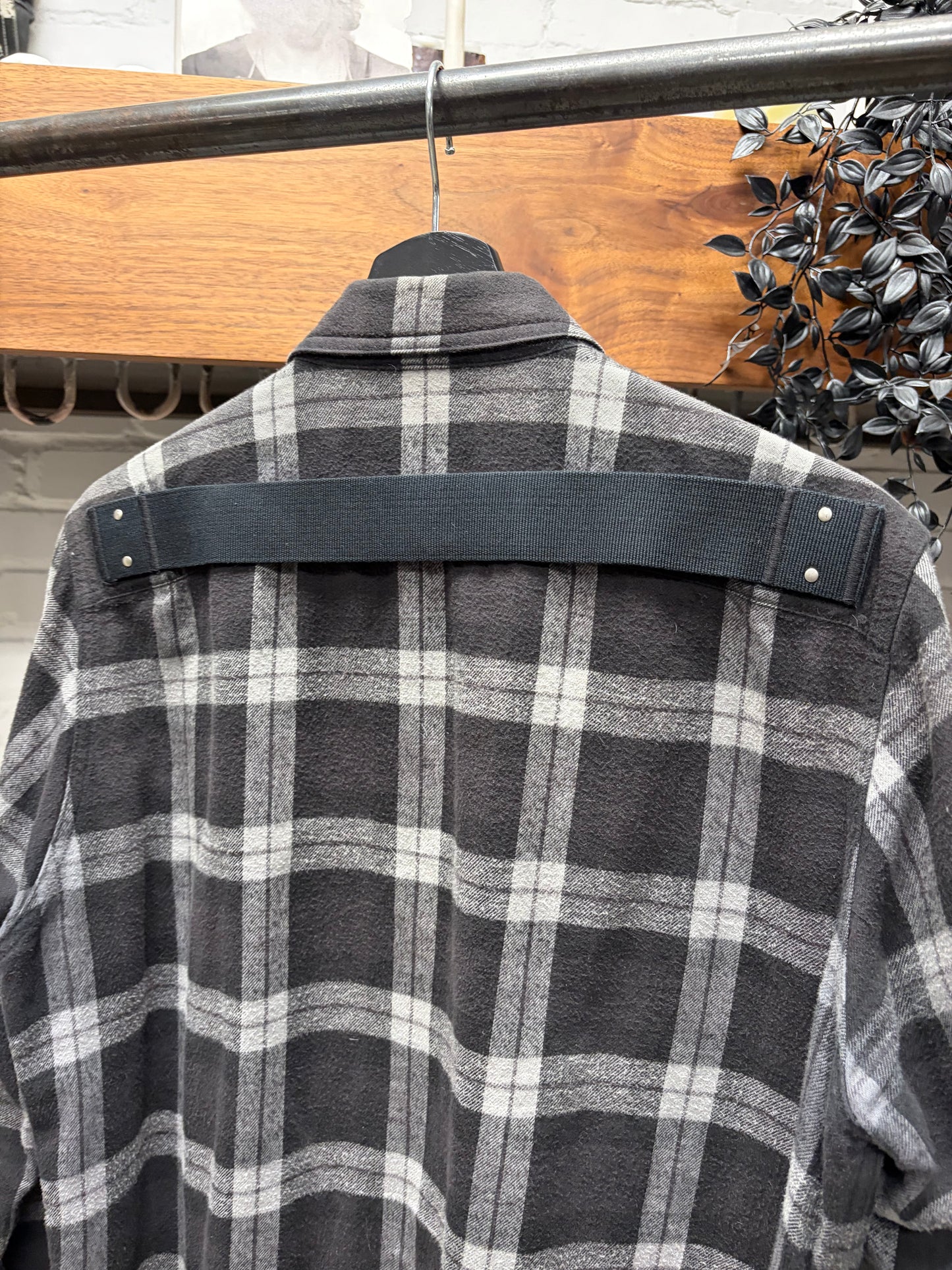 SS2019 Rick Owens ‘Babel’ Plaid Flannel Shoulder-Strap Work Shirt