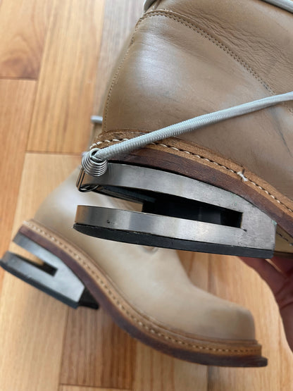 Dirk Bikkembergs Knee High ‘Bungee Cord’ Wraparound Brown Leather Metal Heel Boots.