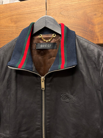 2000s Gucci Embossed ‘Cursive Logo’ Leather Jacket with Stripe Branded Ribbing