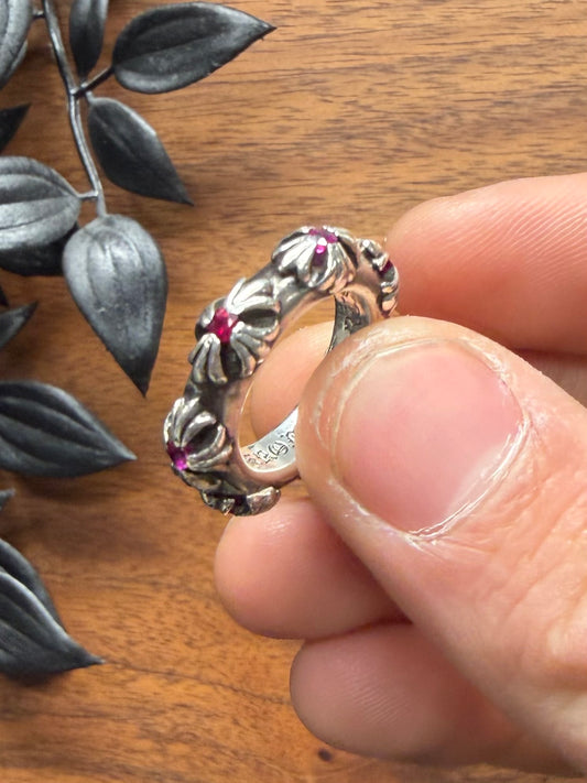 Chrome Hearts ‘Cross Band’ 925 Silver Ring with Factory Set Ruby Stones