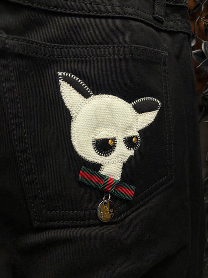 2009 Gucci ‘Chihuahua’ Embroidered ‘Pocket Caricature’ Skinny Black Flared Denim