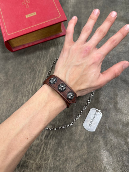 Chrome Hearts Leather ‘Cross Ball’ Trio 925 Silver Leather Bracelet