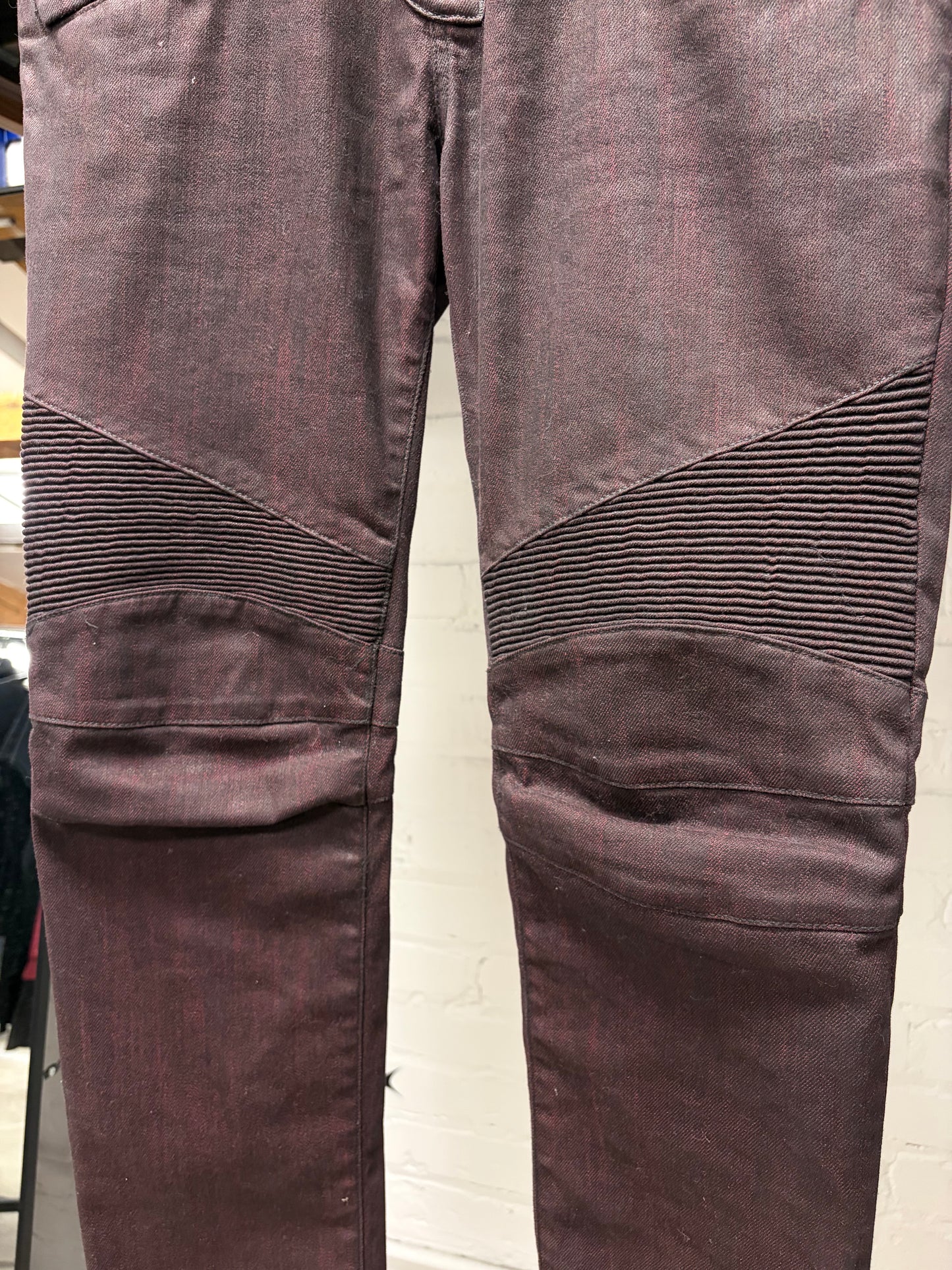 Balmain ‘Oxblood Red’ Waxed Biker Knee Skinny Jeans