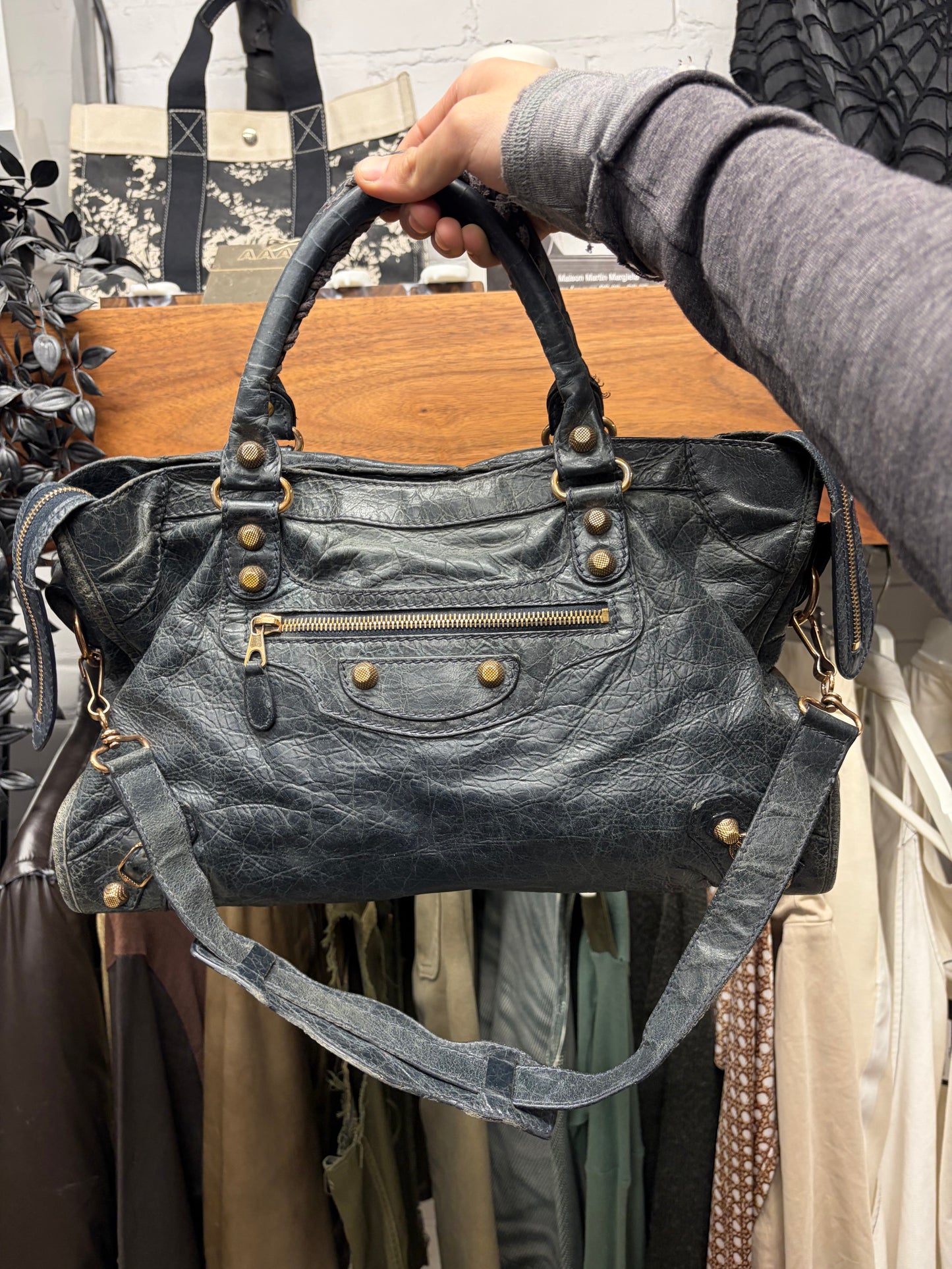 Balenciaga Faded Black/Gold ‘City’ Bag with Crossbody Strap
