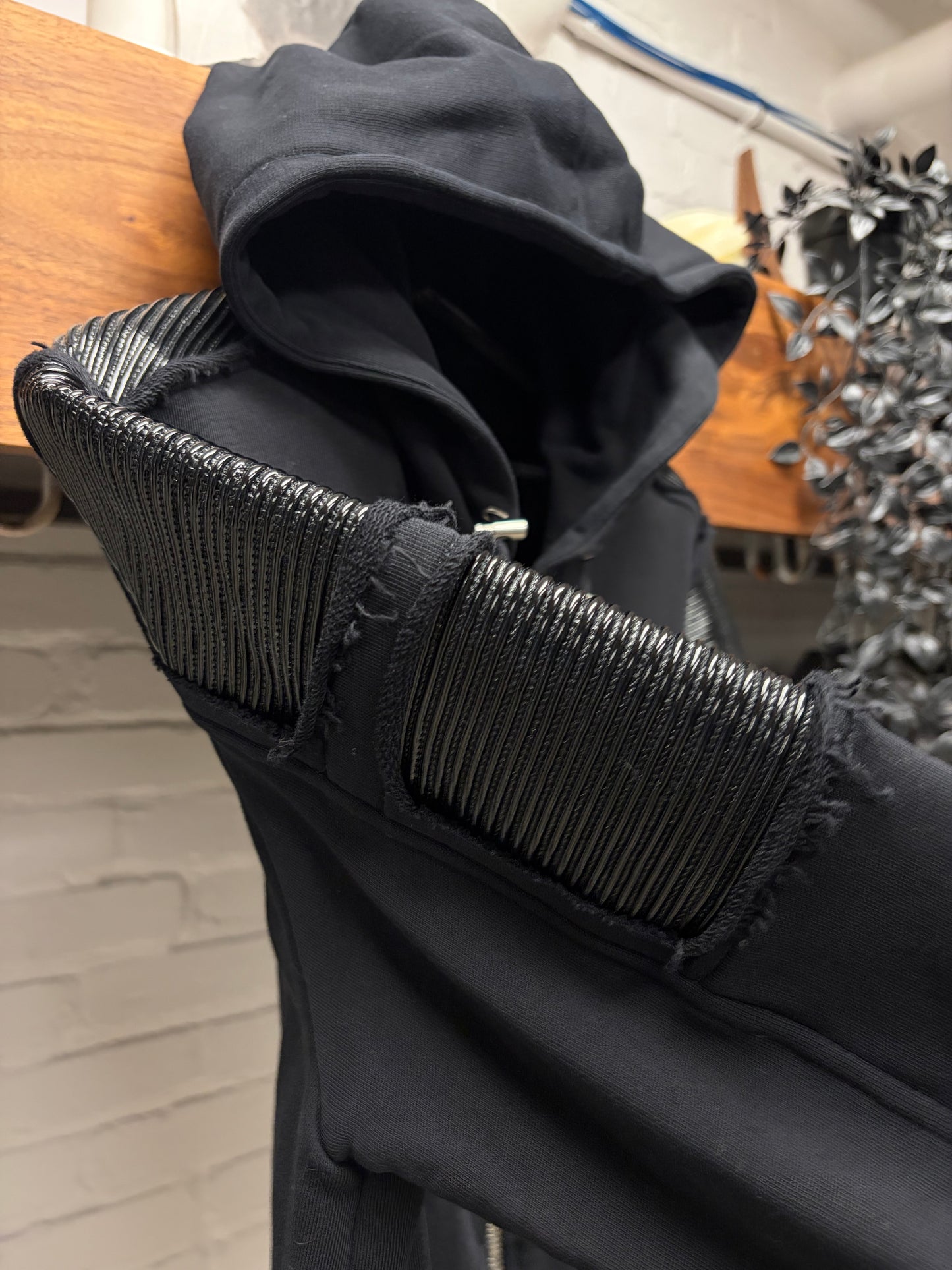 Balmain Distressed Black Zip-Up Hoodie with Pleated Wax Vinyl Repairs
