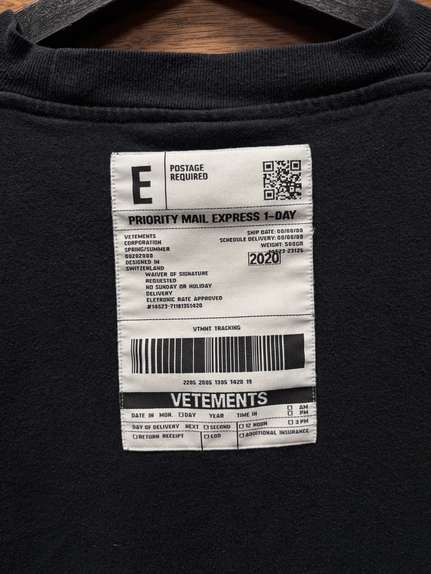 SS2020 Vetements ‘Shipping Label’ Black Logo T-Shirt