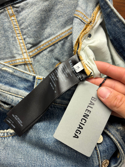 2023 Balenciaga ‘Heavily Distressed’ Washed Blue Bootcut Baggy Denim