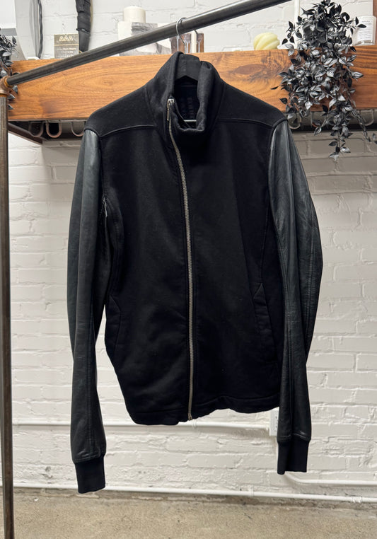 Rick Owens Leather/Cotton ‘Mollino Zip’ Black High Neck Sweater