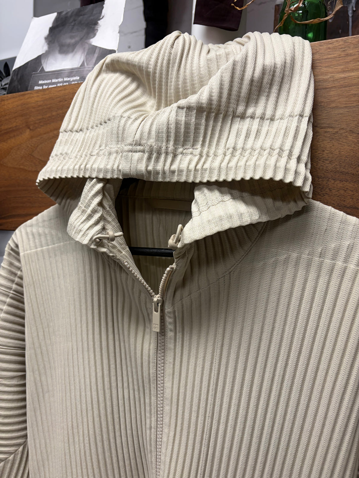 Issey Miyake ‘Homme Plisse’ Pleated Cream Zip-Up Hoodie