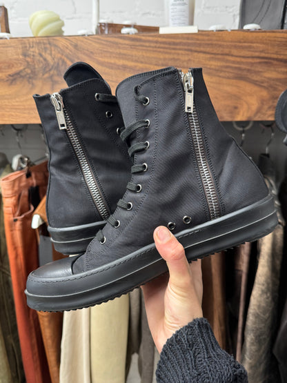 Rick Owens Waxed Nylon ‘Ramones’ Black High Top Sneakers