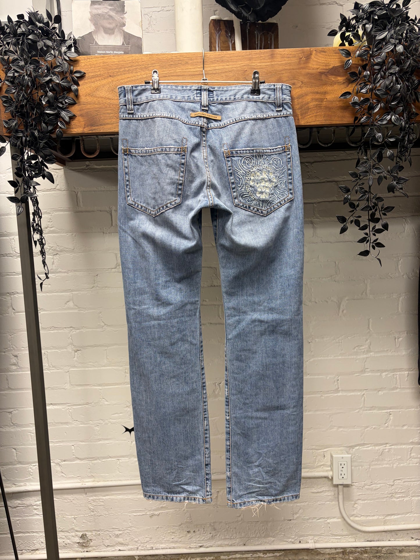 Vintage Jean Paul Gaultier ‘Floral Embroidery’ Light Wash Blue Straight Cut Denim