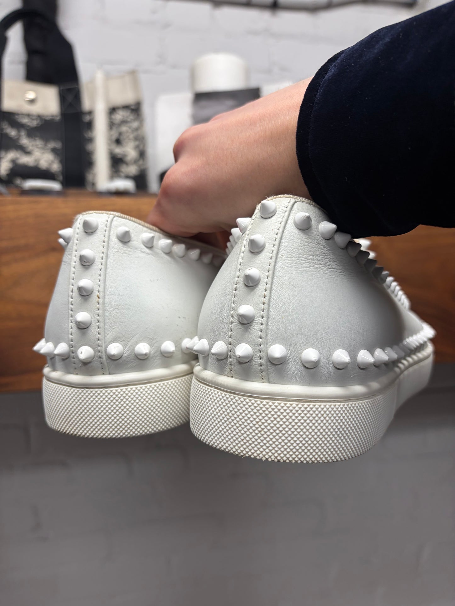 Christian Louboutin ‘Pik Boat’ Spiked White Leather Slip-On Sneakers