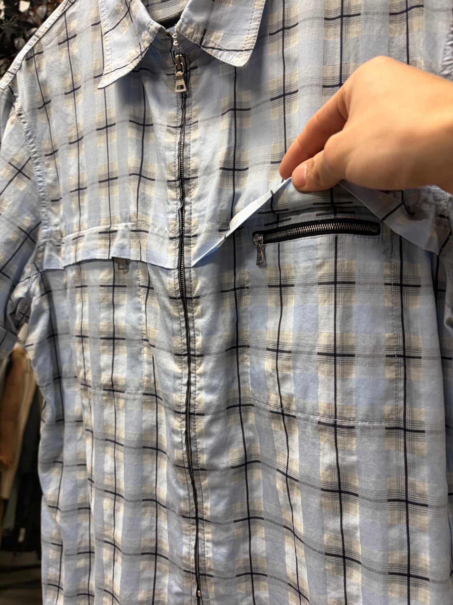 2000s Prada Sport Tartan Plaid Patterned Short Sleeve Zip-Up Shirt