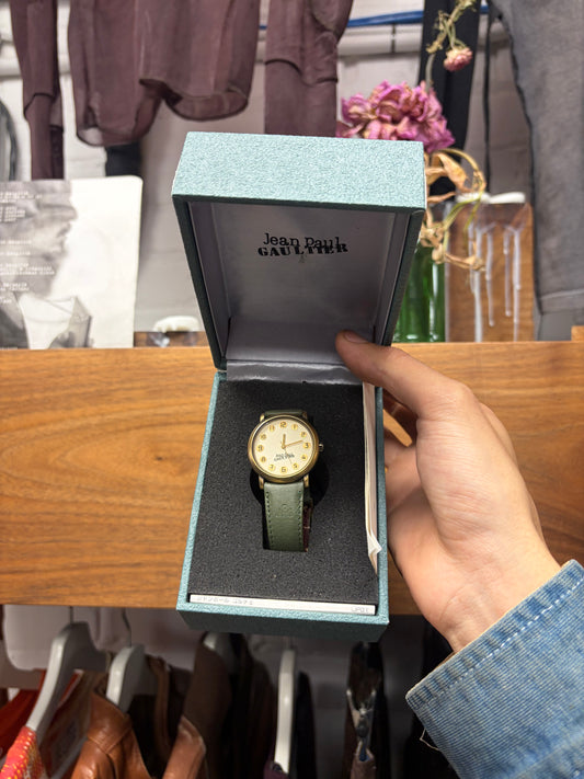 Vintage Jean Paul Gaultier Analog Watch with Green Leather Strap and Gold Dial