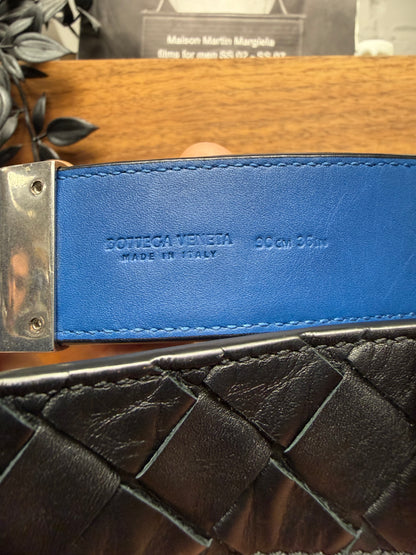 Bottega Veneta ‘Intrecciato’ Woven Black Leather Belt with Blue Interior