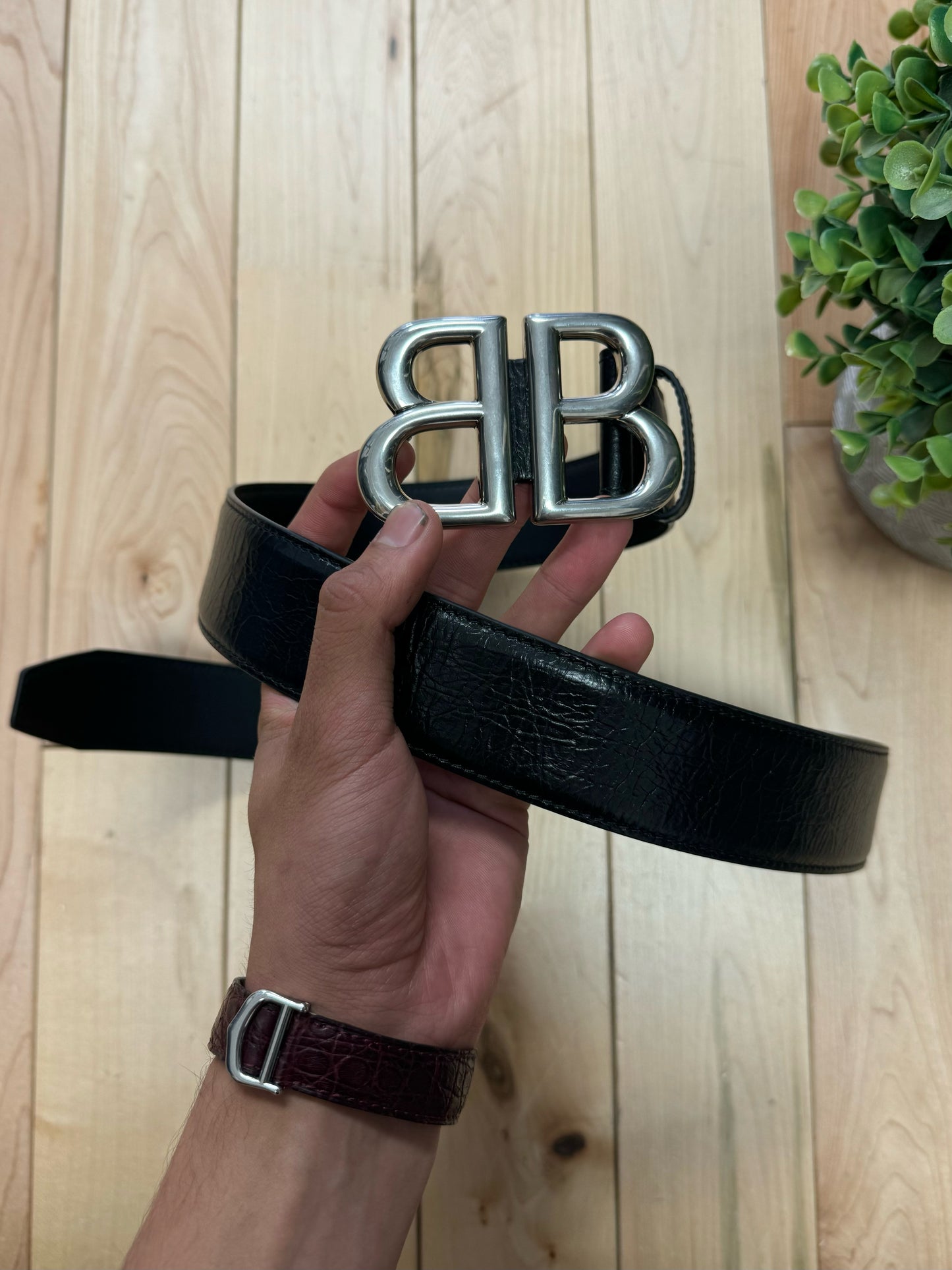 Balenciaga ‘Monaco’ Double B Black Leather Belt