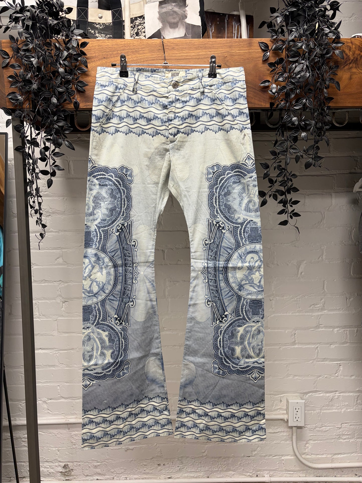 Vintage Jean Paul Gaultier ‘Mosaic Tapestry’ White/Blue Flared Leg Pants