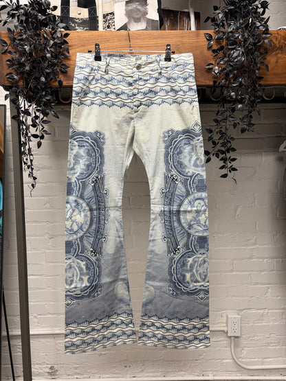 Vintage Jean Paul Gaultier ‘Mosaic Tapestry’ White/Blue Flared Leg Pants