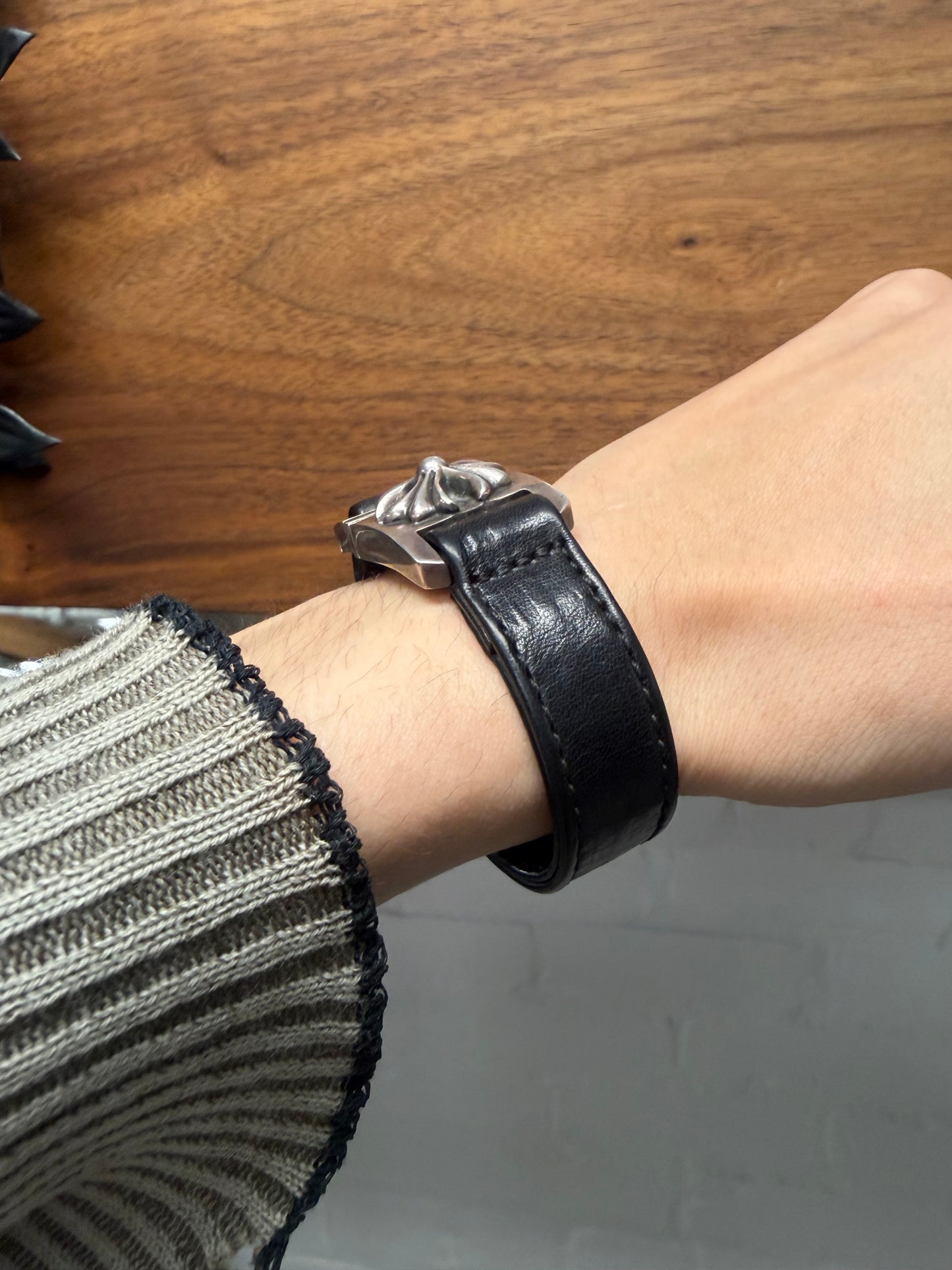 Chrome Hearts ‘Plus Cross’ 925 Silver Black Leather Bracelet