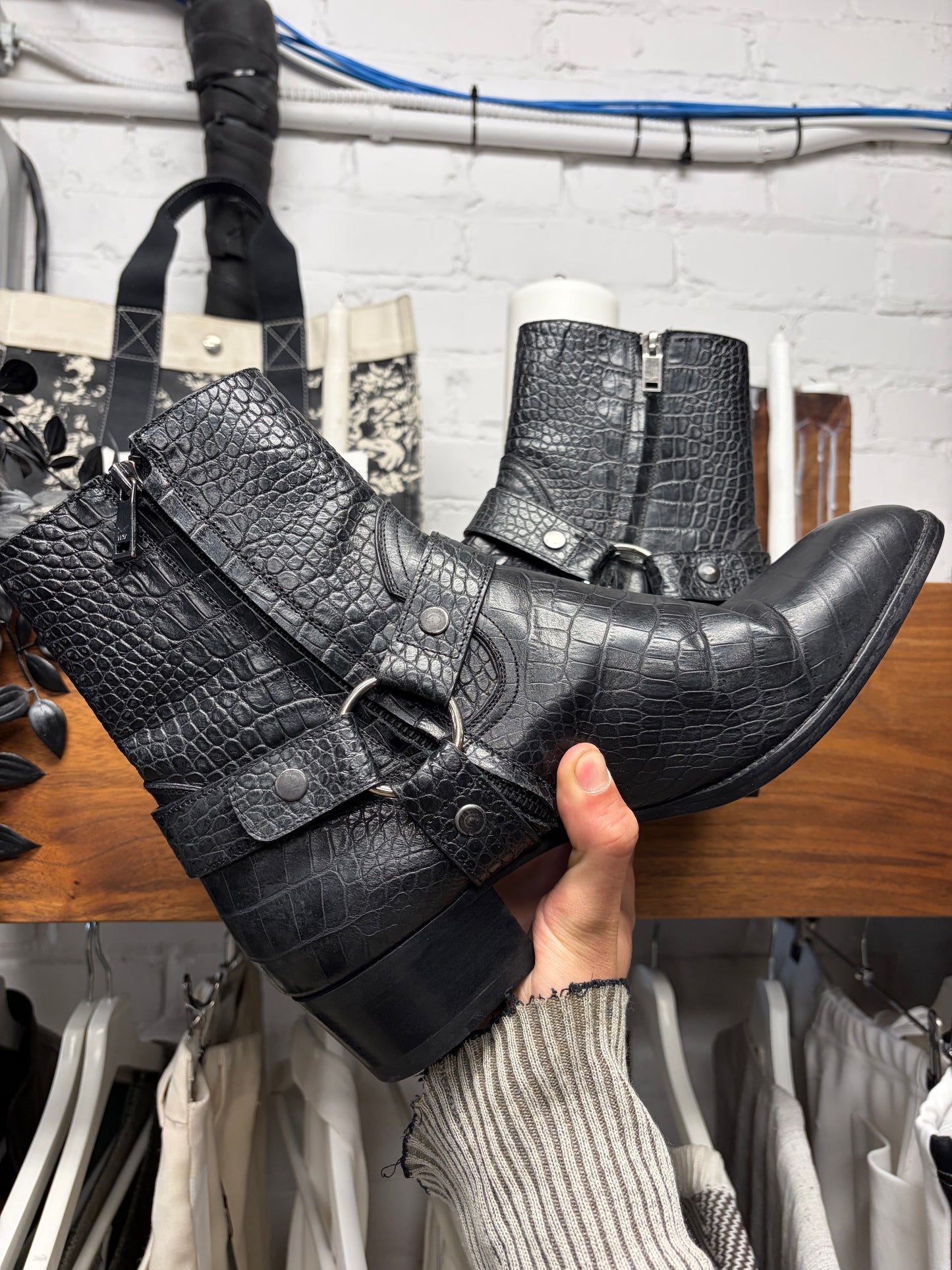 Saint Laurent Black ‘Crocodile’ Black Embossed Leather ‘Wyatt’ Harness Boots