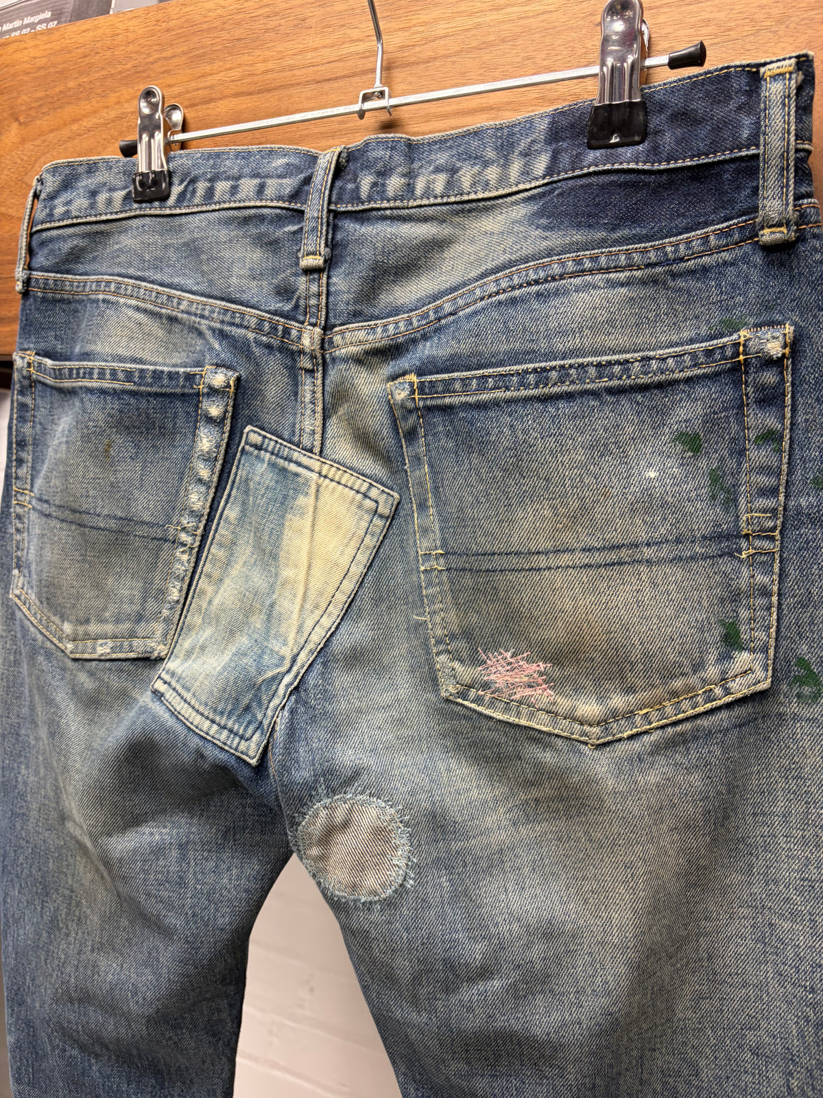 SS2005 Undercover 60 ‘But Beautiful’ Red Yarn Distressed Blue Men’s Skinny Jeans