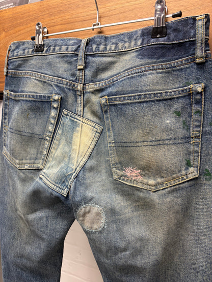 SS2005 Undercover 60 ‘But Beautiful’ Red Yarn Distressed Blue Men’s Skinny Jeans