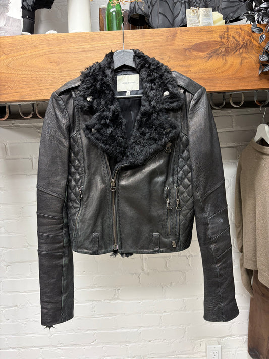 Balmain Quilted Black Lambskin Cropped Leather Biker Jacket with Shearling Trim