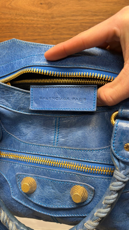 Balenciaga Aquamarine ‘City Bag’ with Gold Hardware and Crossbody Strap