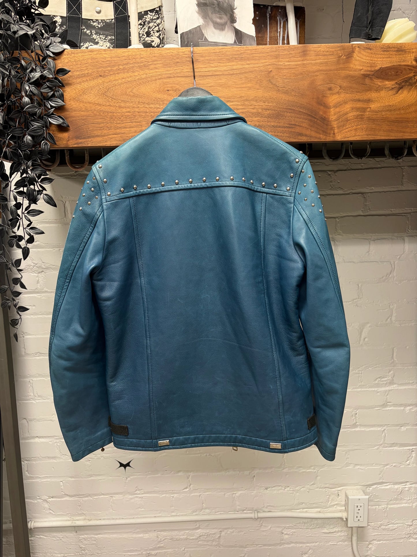 Blackmeans Studded Blue Calfskin Leather Biker Jacket