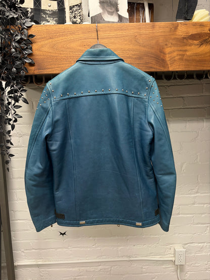 Blackmeans Studded Blue Calfskin Leather Biker Jacket