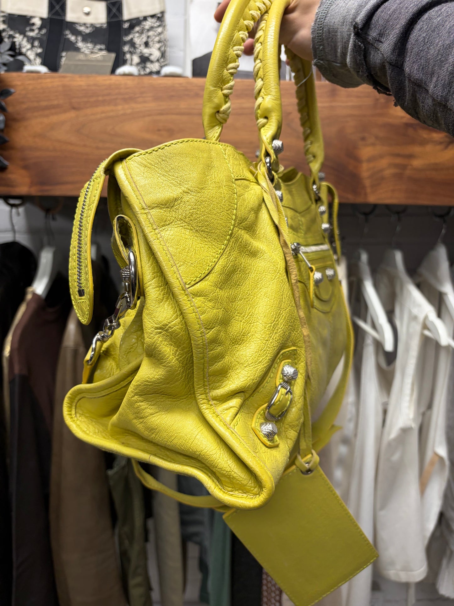 Balenciaga Yellow Calfskin Leather ‘City’ Bag with Crossbody Strap