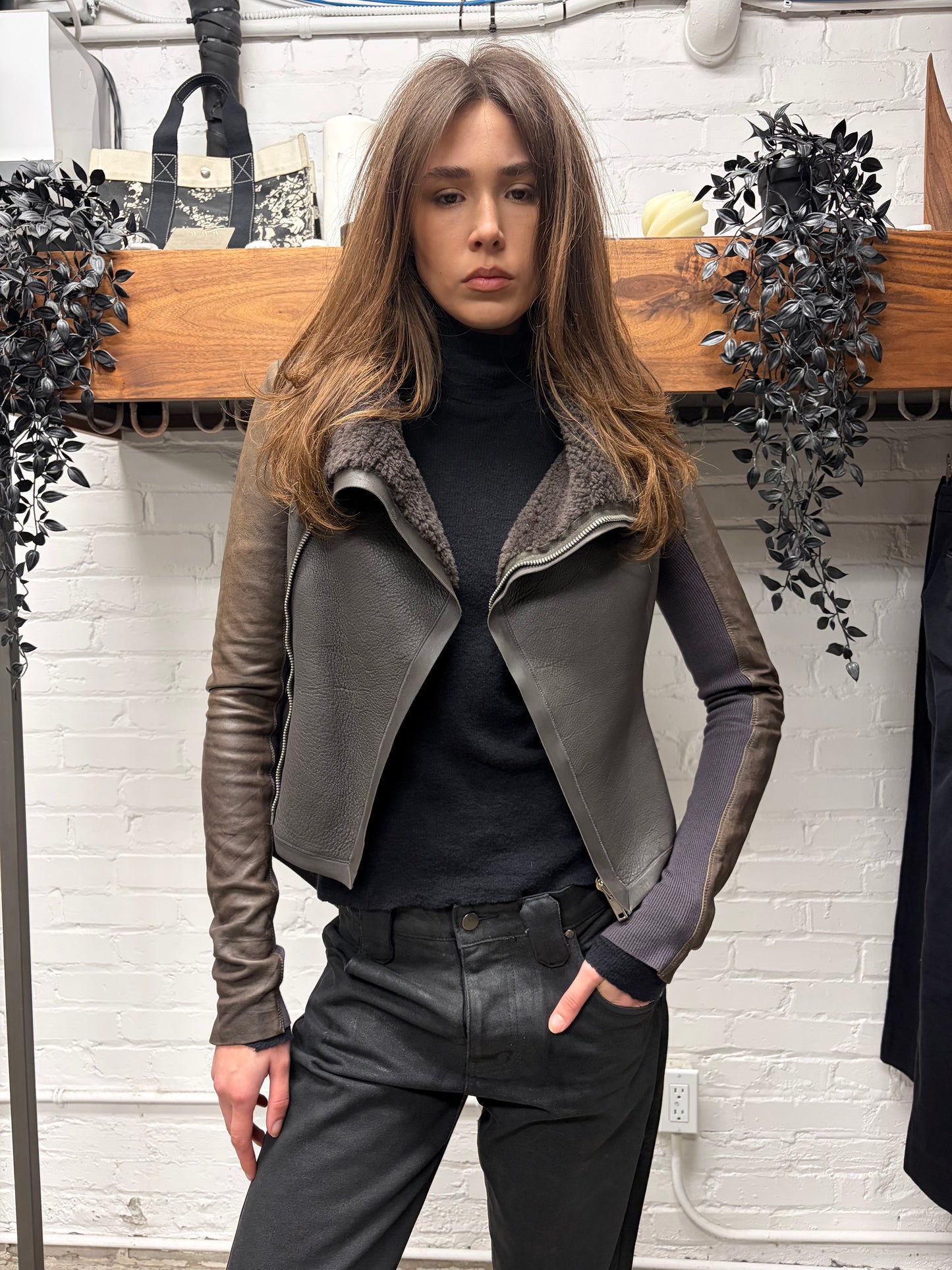 Rick Owens ‘Naska’ O&M Era Shearling Lined Dust Brown High-Neck Jacket