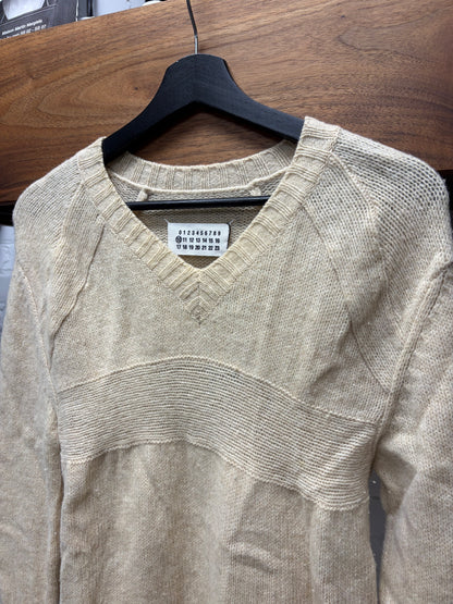 Maison Margiela Cream ‘Reconstructed’ V-Neck Wool Knit Sweater