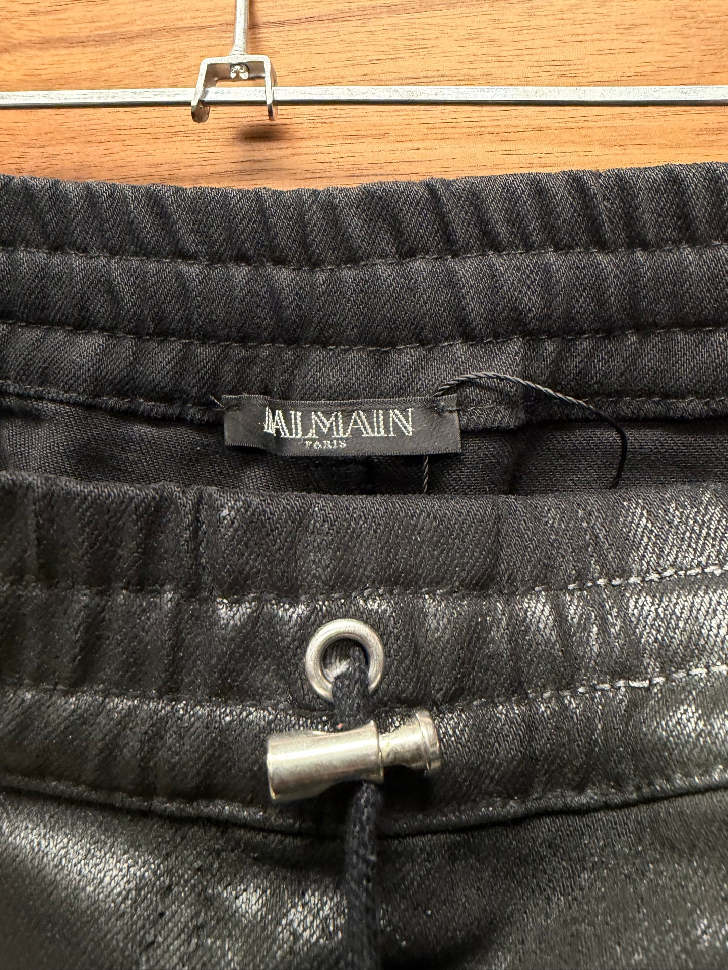 Balmain Waxed Black ‘Velour Stripe’ Biker Knee Skinny Jeans