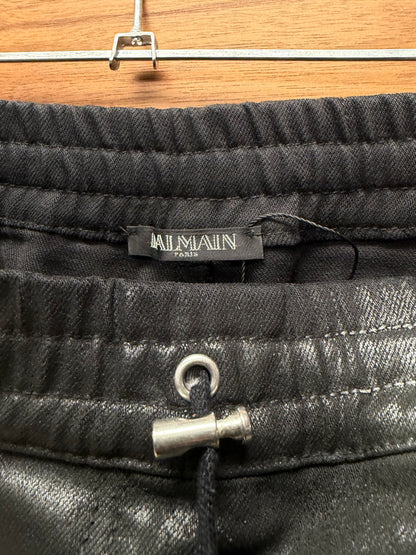 Balmain Waxed Black ‘Velour Stripe’ Biker Knee Skinny Jeans