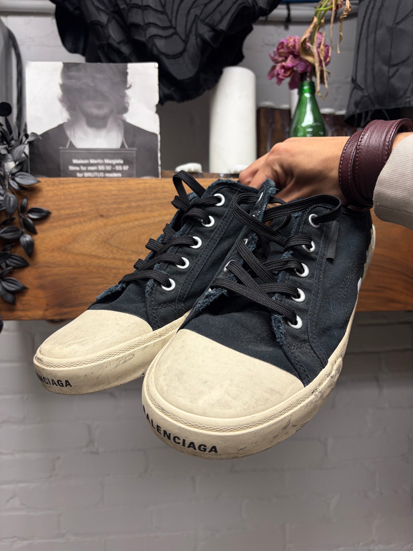 Balenciaga ‘Paris’ Graffiti Black Distressed Canvas Low Top Sneakers